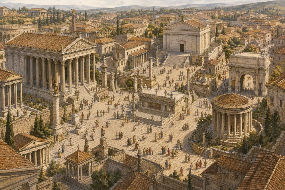 Reconstruction of the Forum Romanum around 100 AD, showing the Rostra, Curia, temples and surrounding streets.