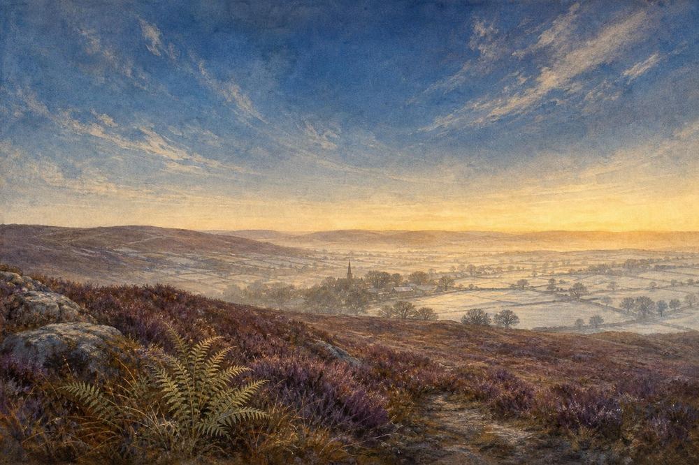 Illustration of an upland heath at dawn, with fern and heather in the foreground and a village in the valley below.