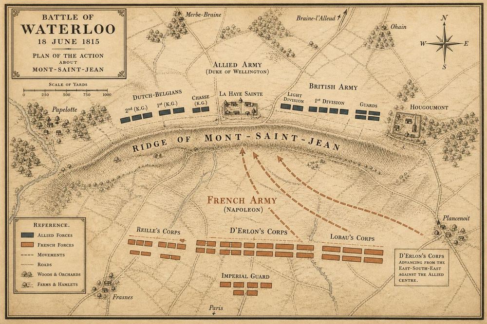 Tactical map of the field at Waterloo, 18 June 1815, showing Allied positions along the ridge of Mont-Saint-Jean and the French advance from the south-east.